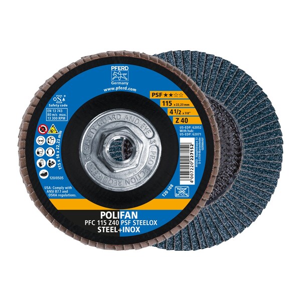 Pferd 4-1/2" x 5/8-11 Thd. POLIFAN Flap Disc - Z PSF STEELOX, Zirconia, 40 Grit, Conical 62071 - main